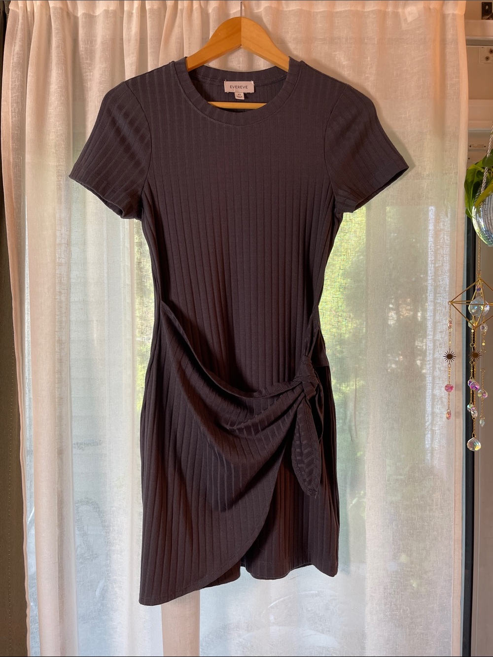 Evereve Black Ribbed Short-Sleeve Tie-Side Mini Dress
